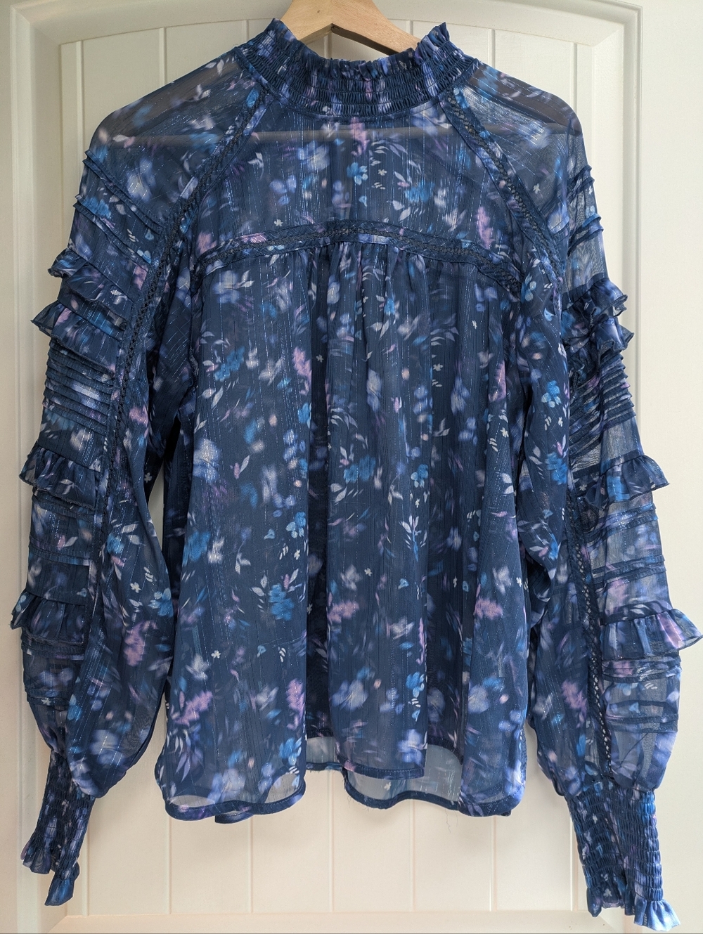 French Connection Anifrida Arica Blue Pleat Sleeve Top